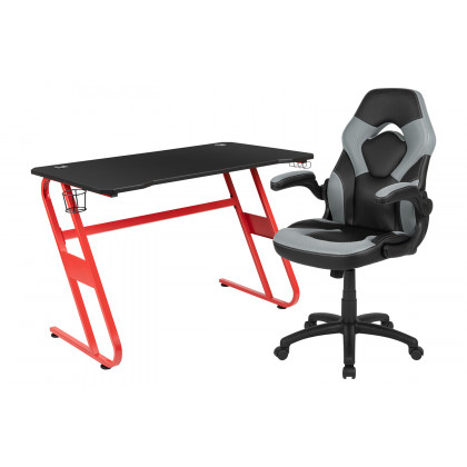 BLNK Optis Red Gaming Desk and Racing Chair Set with Cup Holder and Headphone Hook - Gray/Black