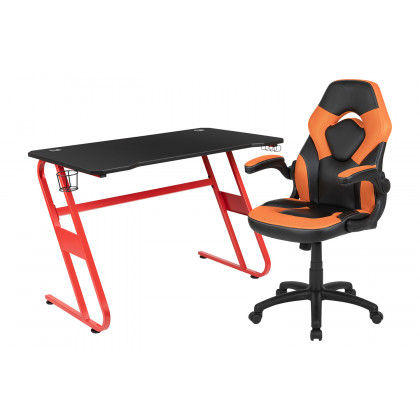 BLNK Optis Red Gaming Desk and Racing Chair Set with Cup Holder and Headphone Hook - Orange/Black