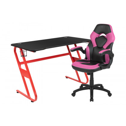 BLNK Optis Red Gaming Desk and Racing Chair Set with Cup Holder and Headphone Hook - Pink/Black