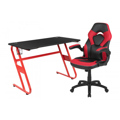 BLNK Optis Red Gaming Desk and Racing Chair Set with Cup Holder and Headphone Hook - Red/Black