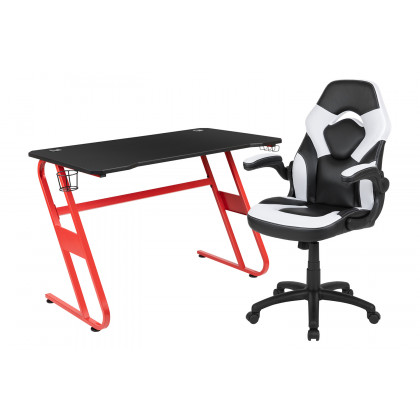 BLNK Optis Red Gaming Desk and Racing Chair Set with Cup Holder and Headphone Hook - White/Black