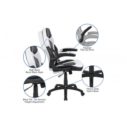 BLNK Optis Red Gaming Desk and Racing Chair Set with Cup Holder and Headphone Hook - White/Black