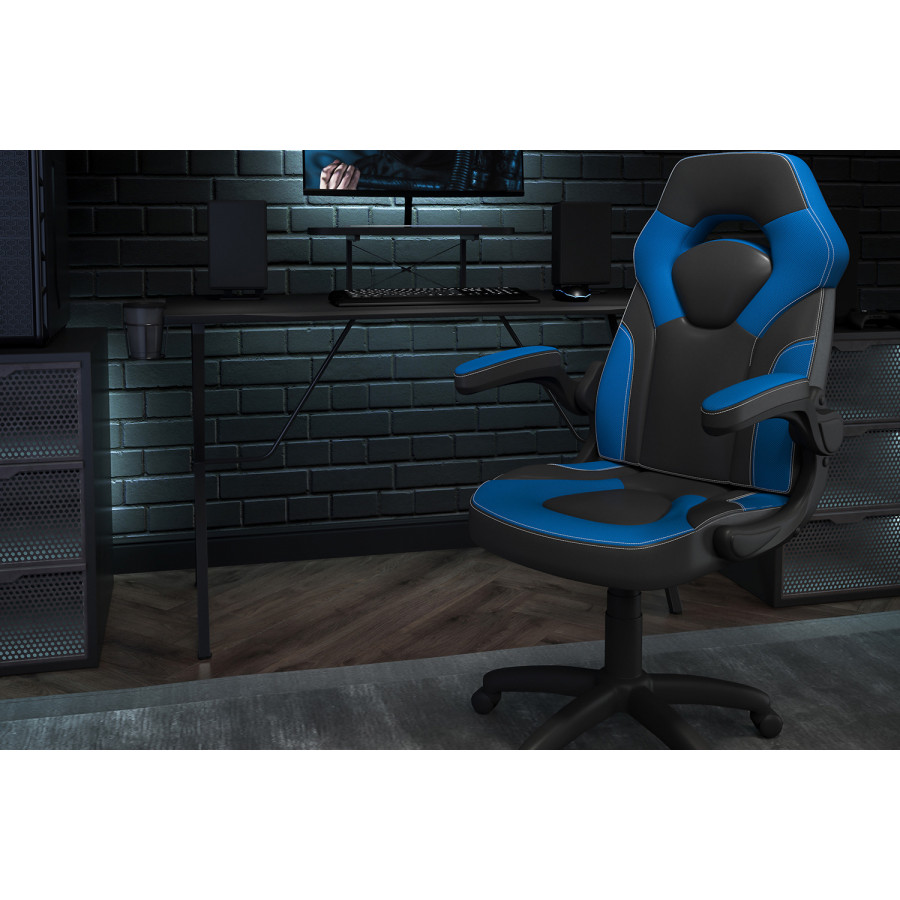 BLNK Optis Black Gaming Desk and Racing Chair Set with Cup Holder, Headphone Hook and Monitor/Smartphone Stand - Blue