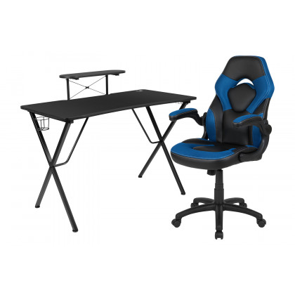 BLNK Optis Black Gaming Desk and Racing Chair Set with Cup Holder, Headphone Hook and Monitor/Smartphone Stand - Blue