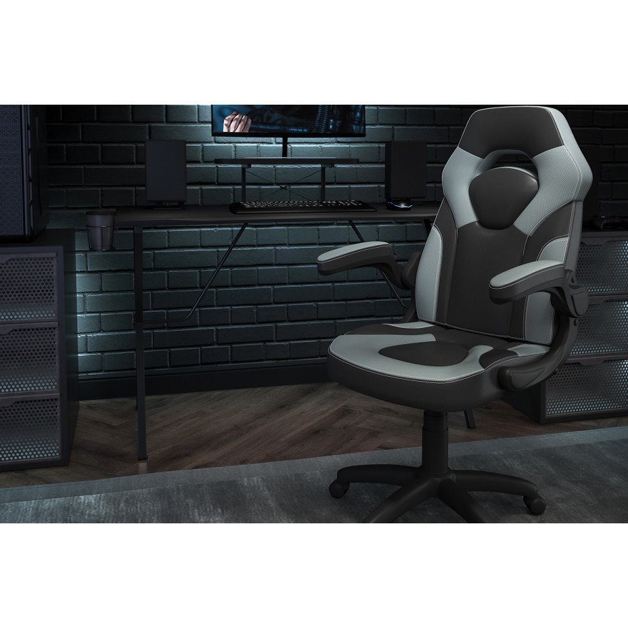 BLNK Optis Black Gaming Desk and Racing Chair Set with Cup Holder, Headphone Hook and Monitor/Smartphone Stand - Gray