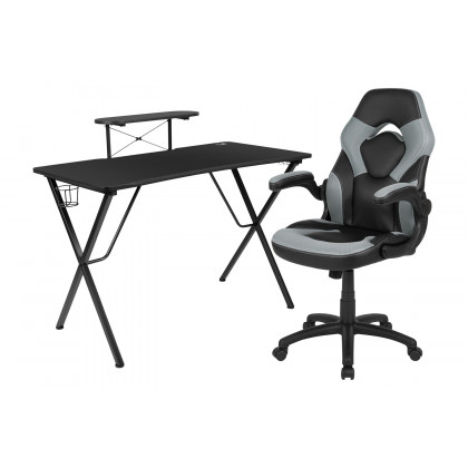 BLNK Optis Black Gaming Desk and Racing Chair Set with Cup Holder, Headphone Hook and Monitor/Smartphone Stand - Gray