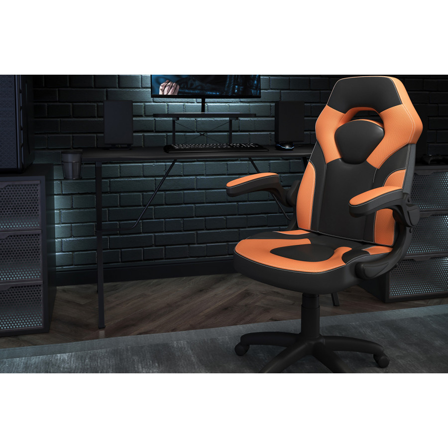 BLNK Optis Black Gaming Desk and Racing Chair Set with Cup Holder, Headphone Hook and Monitor/Smartphone Stand - Orange