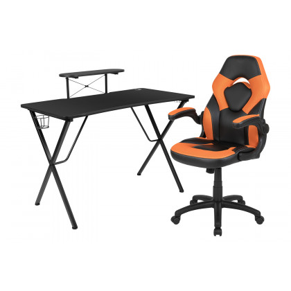 BLNK Optis Black Gaming Desk and Racing Chair Set with Cup Holder, Headphone Hook and Monitor/Smartphone Stand - Orange