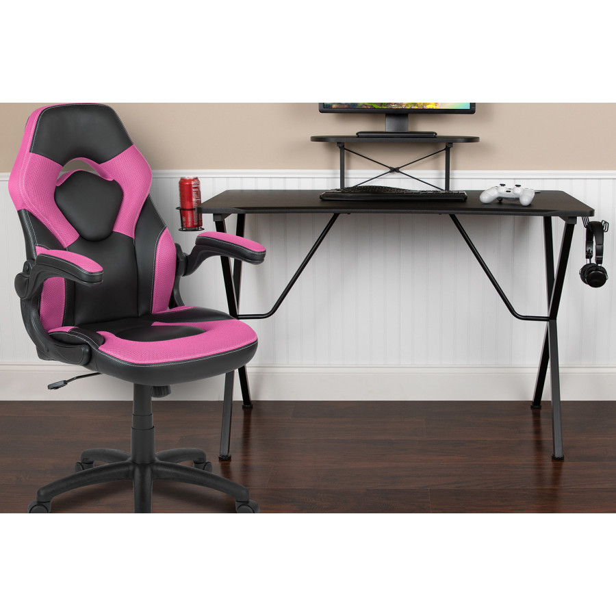 BLNK Optis Black Gaming Desk and Racing Chair Set with Cup Holder, Headphone Hook and Monitor/Smartphone Stand - Pink