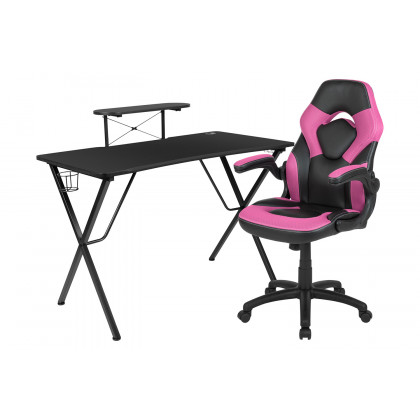 BLNK Optis Black Gaming Desk and Racing Chair Set with Cup Holder, Headphone Hook and Monitor/Smartphone Stand - Pink