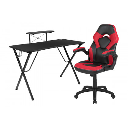 BLNK Optis Black Gaming Desk and Racing Chair Set with Cup Holder, Headphone Hook and Monitor/Smartphone Stand - Red