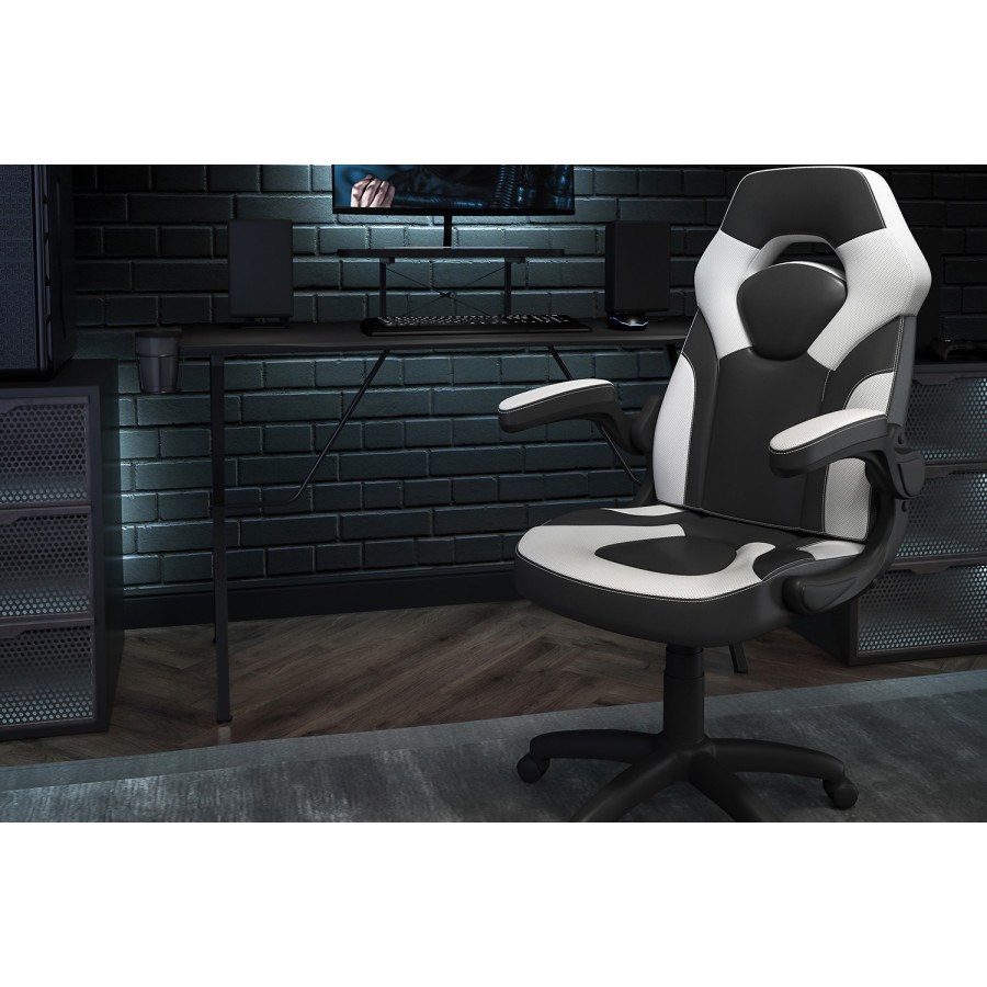 BLNK Optis Black Gaming Desk and Racing Chair Set with Cup Holder, Headphone Hook and Monitor/Smartphone Stand - White