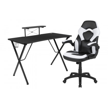 BLNK Optis Black Gaming Desk and Racing Chair Set with Cup Holder, Headphone Hook and Monitor/Smartphone Stand - White