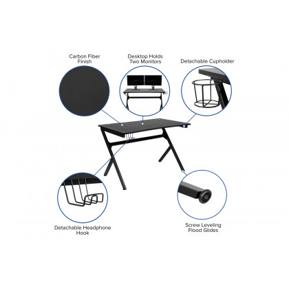 BLNK Optis Black Gaming Desk and Reclining Gaming Chair Set with Cup Holder, Headphone Hook and 2 Wire Management Holes - Black