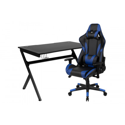 BLNK Optis Black Gaming Desk and Reclining Gaming Chair Set with Cup Holder, Headphone Hook and 2 Wire Management Holes - Blue