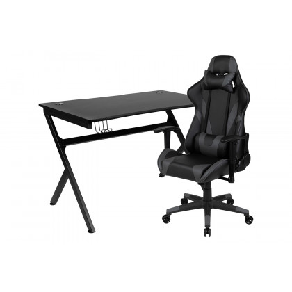 BLNK Optis Black Gaming Desk and Reclining Gaming Chair Set with Cup Holder, Headphone Hook and 2 Wire Management Holes - Gray