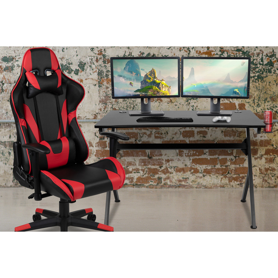 BLNK Optis Black Gaming Desk and Reclining Gaming Chair Set with Cup Holder, Headphone Hook and 2 Wire Management Holes - Red