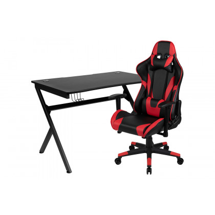BLNK Optis Black Gaming Desk and Reclining Gaming Chair Set with Cup Holder, Headphone Hook and 2 Wire Management Holes - Red