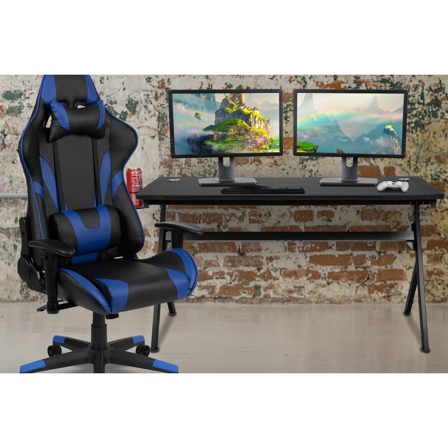 BLNK Optis Gaming Desk and Reclining Gaming Chair Set with Cup Holder, Headphone Hook, Removable Mouse Pad Top and Wire Management - Blue/Black