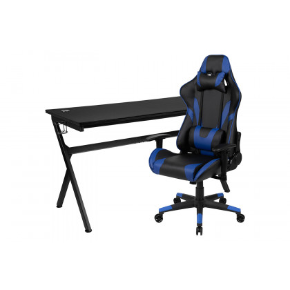 BLNK Optis Gaming Desk and Reclining Gaming Chair Set with Cup Holder, Headphone Hook, Removable Mouse Pad Top and Wire Management - Blue/Black