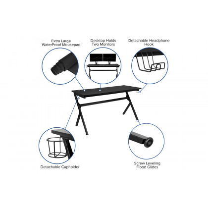 BLNK Optis Gaming Desk and Reclining Gaming Chair Set with Cup Holder, Headphone Hook, Removable Mouse Pad Top and Wire Management - Blue/Black