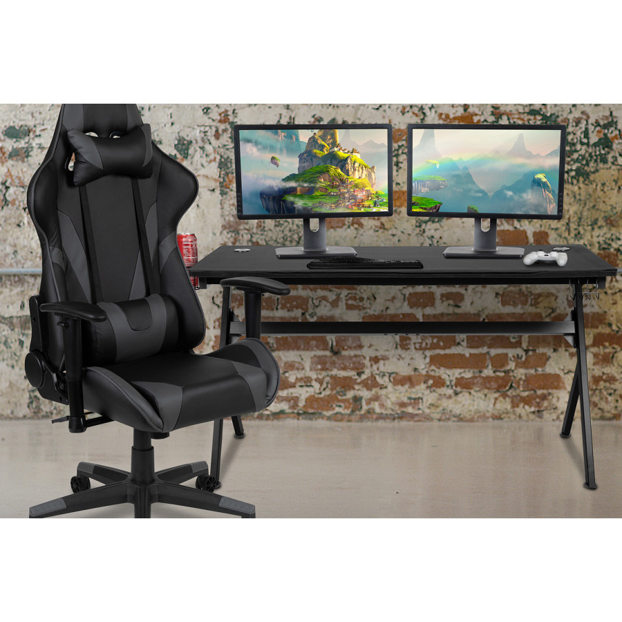 BLNK Optis Gaming Desk and Reclining Gaming Chair Set with Cup Holder, Headphone Hook, Removable Mouse Pad Top and Wire Management - Gray/Black