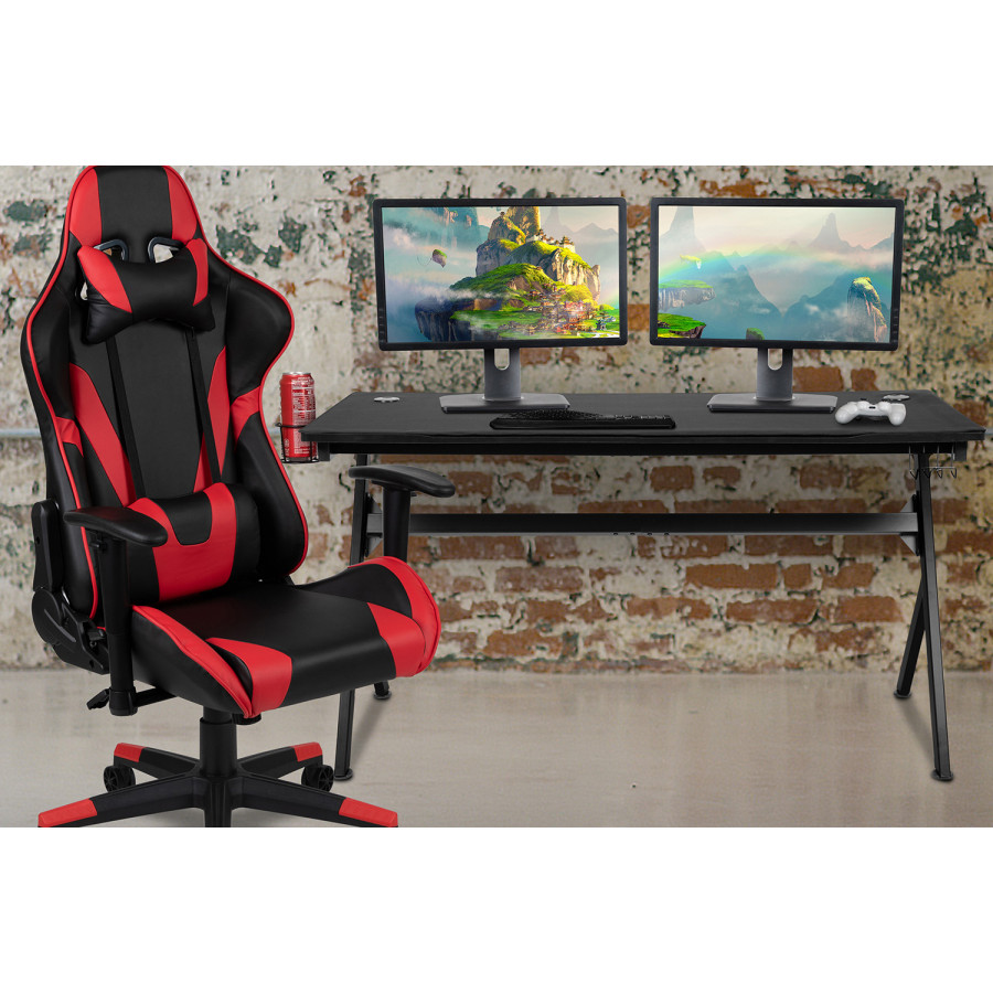 BLNK Optis Gaming Desk and Reclining Gaming Chair Set with Cup Holder, Headphone Hook, Removable Mouse Pad Top and Wire Management - Red/Black