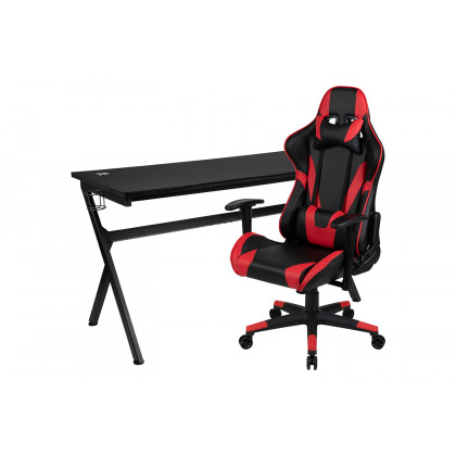 BLNK Optis Gaming Desk and Reclining Gaming Chair Set with Cup Holder, Headphone Hook, Removable Mouse Pad Top and Wire Management - Red/Black