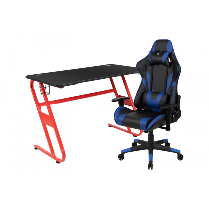 BLNK Optis Red Gaming Desk and Reclining Gaming Chair Set with Cup Holder and Headphone Hook - Blue