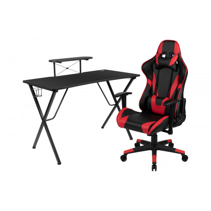 BLNK Optis Black Gaming Desk and Reclining Gaming Chair Set with Cup Holder, Headphone Hook and Monitor/Smartphone Stand - Red