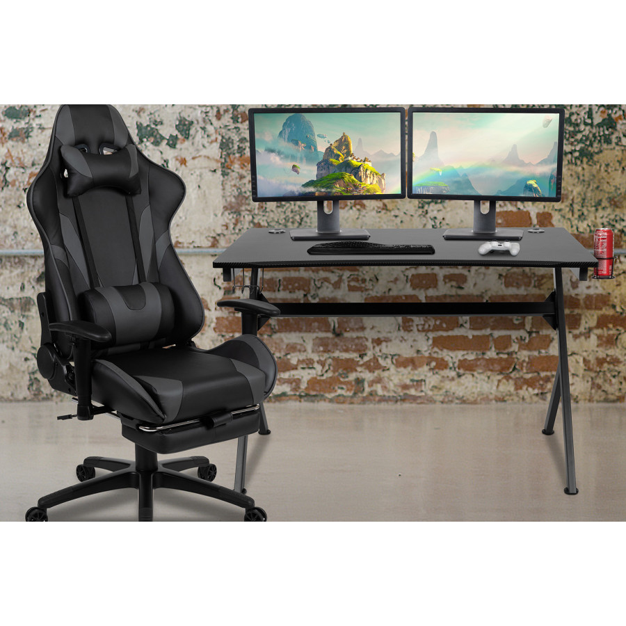 BLNK Optis Black Gaming Desk and Footrest Reclining Gaming Chair Set with Cup Holder, Headphone Hook and 2 Wire Management Holes - Gray