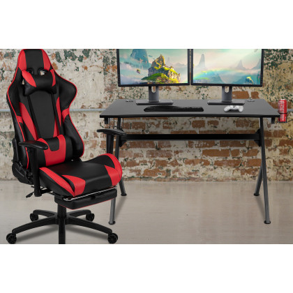 BLNK - Optis Black Gaming Desk and Footrest Reclining Gaming Chair Set with Cup Holder, Headphone Hook and 2 Wire Management Holes