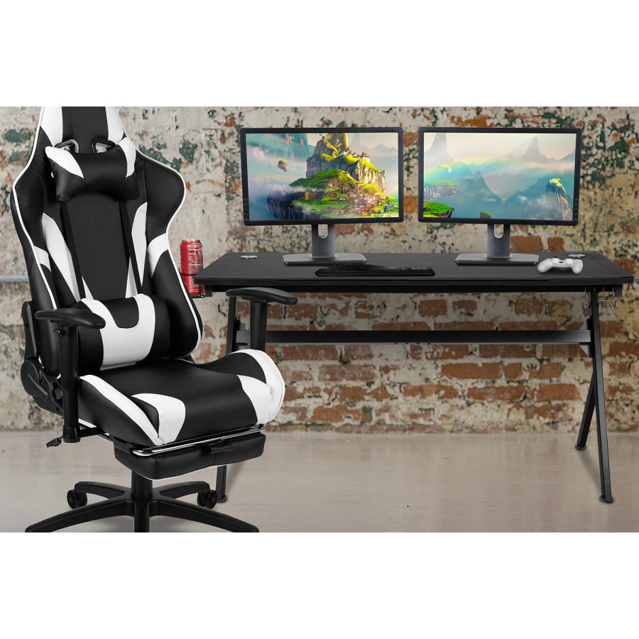 BLNK Optis Gaming Desk and Footrest Reclining Gaming Chair Set with Cup Holder, Headphone Hook, Removable Mouse Pad Top/Wire Management - Black