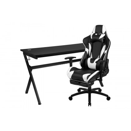 BLNK Optis Gaming Desk and Footrest Reclining Gaming Chair Set with Cup Holder, Headphone Hook, Removable Mouse Pad Top/Wire Management - Black