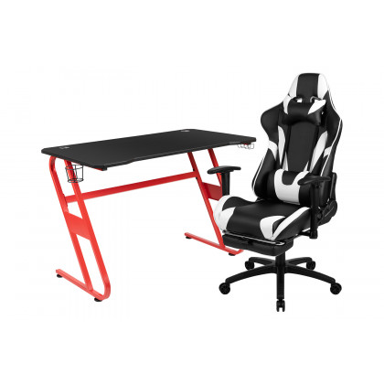 BLNK Optis Red Gaming Desk and Footrest Reclining Gaming Chair Set with Cup Holder and Headphone Hook - Black