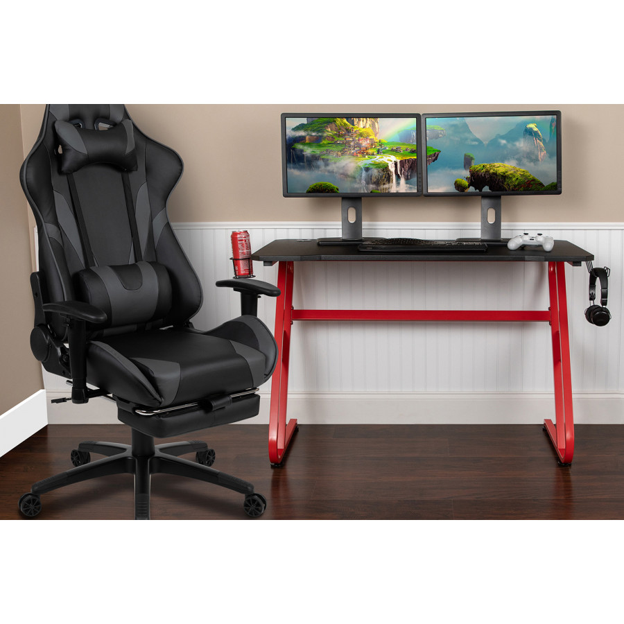 BLNK Optis Red Gaming Desk with Cup Holder/Headphone Hook and Reclining Gaming Chair with Footrest - Gray