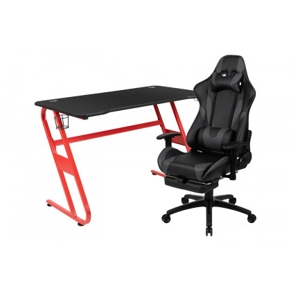 BLNK Optis Red Gaming Desk with Cup Holder/Headphone Hook and Reclining Gaming Chair with Footrest - Gray