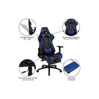 BLNK Optis Black Gaming Desk and Footrest Reclining Gaming Chair Set with Cup Holder, Headphone Hook and Monitor/Smartphone Stand - Blue