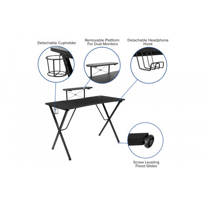 BLNK Optis Black Gaming Desk and Footrest Reclining Gaming Chair Set with Cup Holder, Headphone Hook and Monitor/Smartphone Stand - Blue