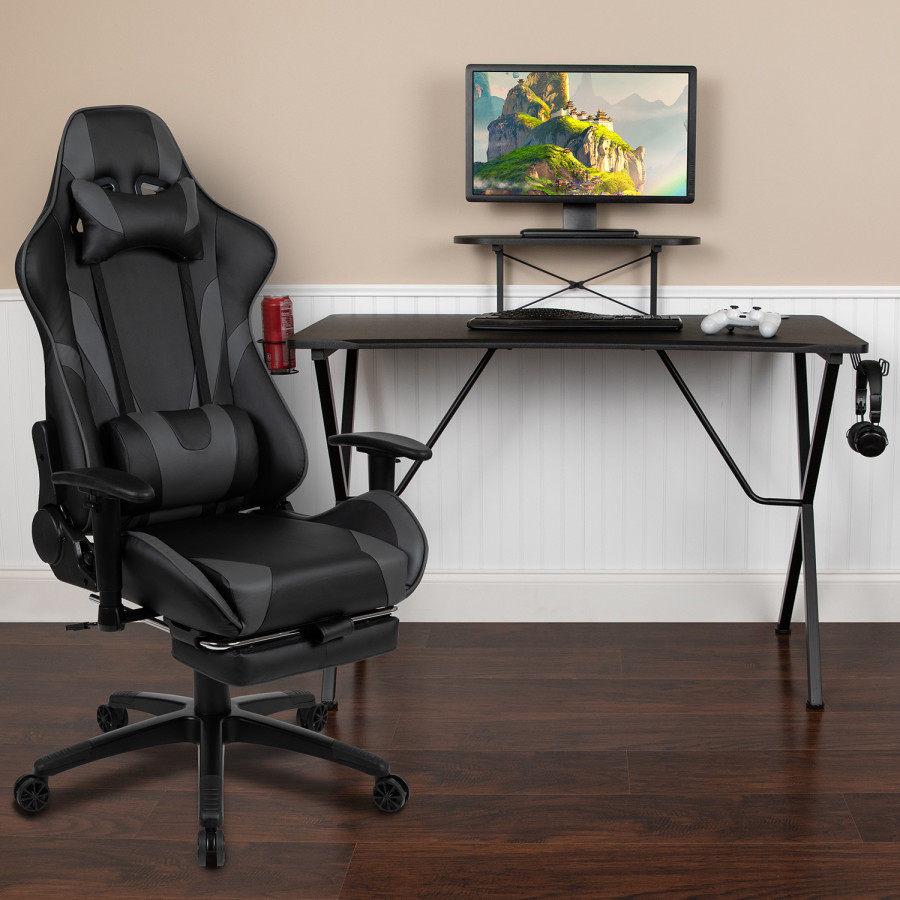 BLNK Optis Black Gaming Desk and Footrest Reclining Gaming Chair Set with Cup Holder, Headphone Hook and Monitor/Smartphone Stand - Gray