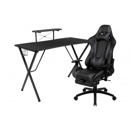 BLNK Optis Black Gaming Desk and Footrest Reclining Gaming Chair Set with Cup Holder, Headphone Hook and Monitor/Smartphone Stand - Gray