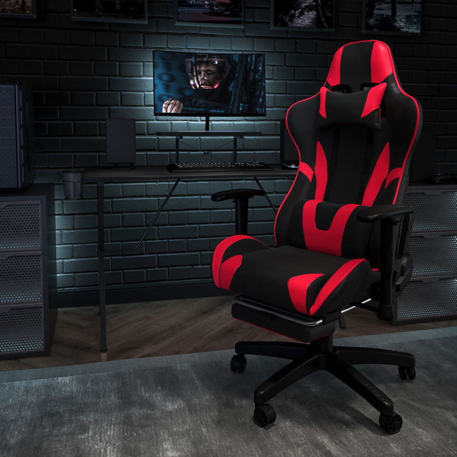 BLNK Optis Black Gaming Desk and Footrest Reclining Gaming Chair Set with Cup Holder, Headphone Hook and Monitor/Smartphone Stand - Red