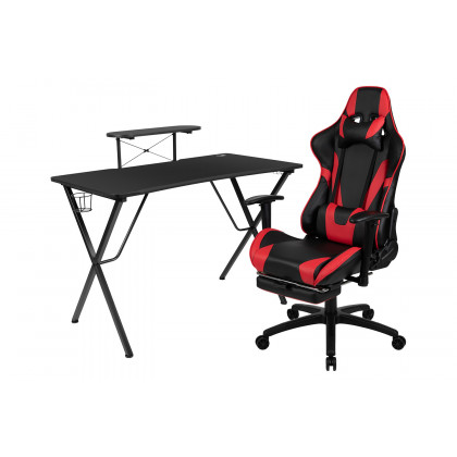 BLNK Optis Black Gaming Desk and Footrest Reclining Gaming Chair Set with Cup Holder, Headphone Hook and Monitor/Smartphone Stand - Red