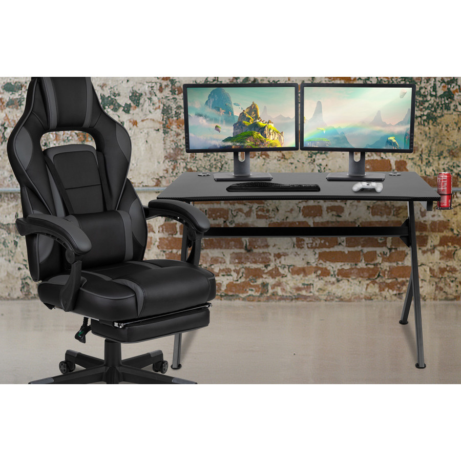 BLNK Optis Black Gaming Desk with Cup Holder, Headphone Hook, 2 Wire Management Holes and Reclining Back/Arms Gaming Chair with Footrest - Black