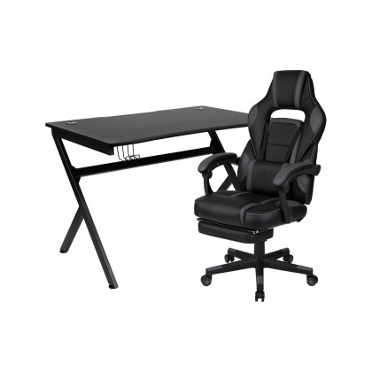 BLNK Optis Black Gaming Desk with Cup Holder, Headphone Hook, 2 Wire Management Holes and Reclining Back/Arms Gaming Chair with Footrest - Black