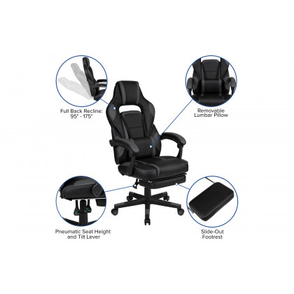 BLNK Optis Black Gaming Desk with Cup Holder, Headphone Hook, 2 Wire Management Holes and Reclining Back/Arms Gaming Chair with Footrest - Black