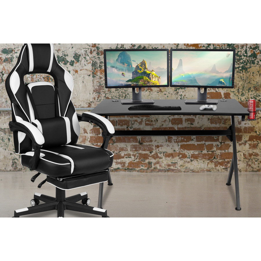BLNK Optis Black Gaming Desk with Cup Holder, Headphone Hook, 2 Wire Management Holes and Reclining Back/Arms Gaming Chair with Footrest - White