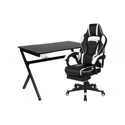 BLNK Optis Black Gaming Desk with Cup Holder, Headphone Hook, 2 Wire Management Holes and Reclining Back/Arms Gaming Chair with Footrest - White