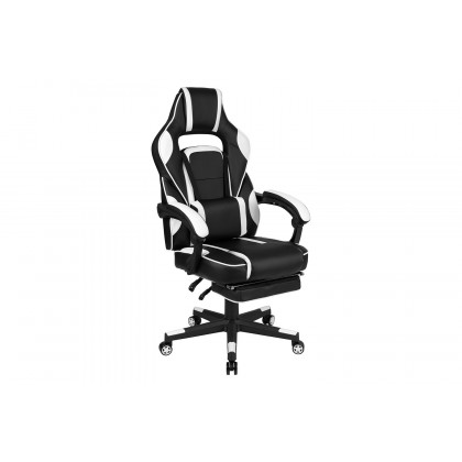 BLNK Optis Black Gaming Desk with Cup Holder, Headphone Hook, 2 Wire Management Holes and Reclining Back/Arms Gaming Chair with Footrest - White
