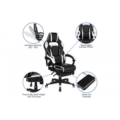 BLNK Optis Black Gaming Desk with Cup Holder, Headphone Hook, 2 Wire Management Holes and Reclining Back/Arms Gaming Chair with Footrest - White